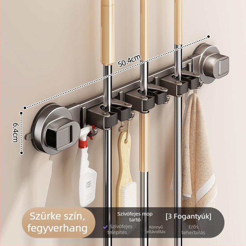 Szívókorongos mop tartó – falra szerelhető, fúrás nélkül, karbonacél + ABS anyagból, spray bevonattal, modern minimalista stílus, Diligent márka