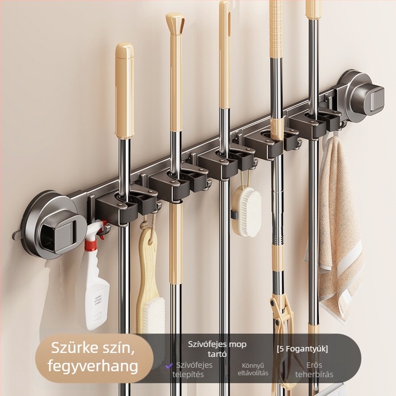 Szívókorongos mop tartó – falra szerelhető, fúrás nélkül, karbonacél + ABS anyagból, spray bevonattal, modern minimalista stílus, Diligent márka