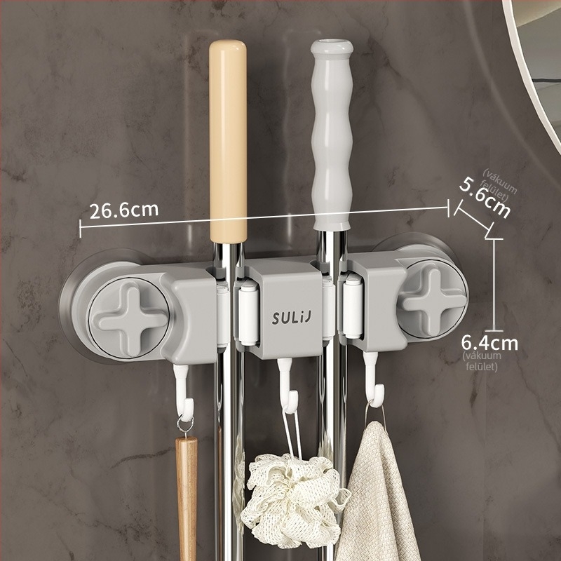 Szívókorongos mop tartó – falra szerelhető, fúrás nélkül, karbonacél + ABS anyagból, spray bevonattal, modern minimalista stílus, Diligent márka