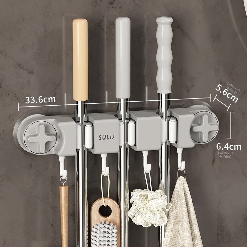 Szívókorongos mop tartó – falra szerelhető, fúrás nélkül, karbonacél + ABS anyagból, spray bevonattal, modern minimalista stílus, Diligent márka