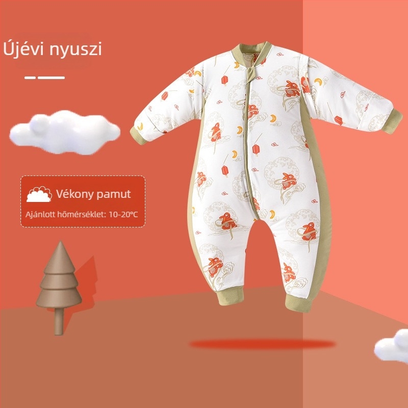 Téli vastagított baba hálózsák 100% pamutból, levehető ujjak, mesés rajzolt mintával, 80 cm hosszú, fém cipzárral.