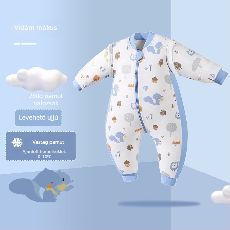 Téli vastagított baba hálózsák 100% pamutból, levehető ujjak, mesés rajzolt mintával, 80 cm hosszú, fém cipzárral.