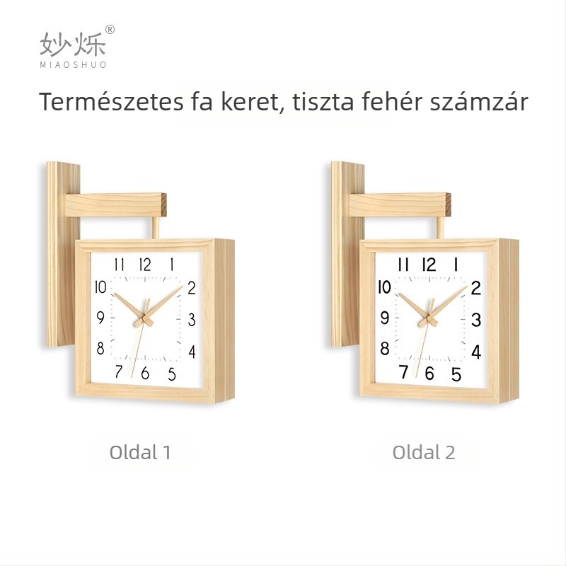 Fali óra, kétoldalas, tömörfa, minimalist dizájn, elemes működés, sima másodperc-mutató