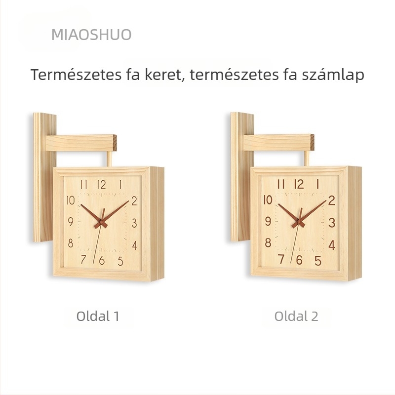 Fali óra, kétoldalas, tömörfa, minimalist dizájn, elemes működés, sima másodperc-mutató
