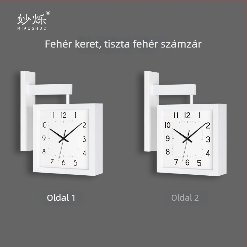 Fali óra, kétoldalas, tömörfa, minimalist dizájn, elemes működés, sima másodperc-mutató