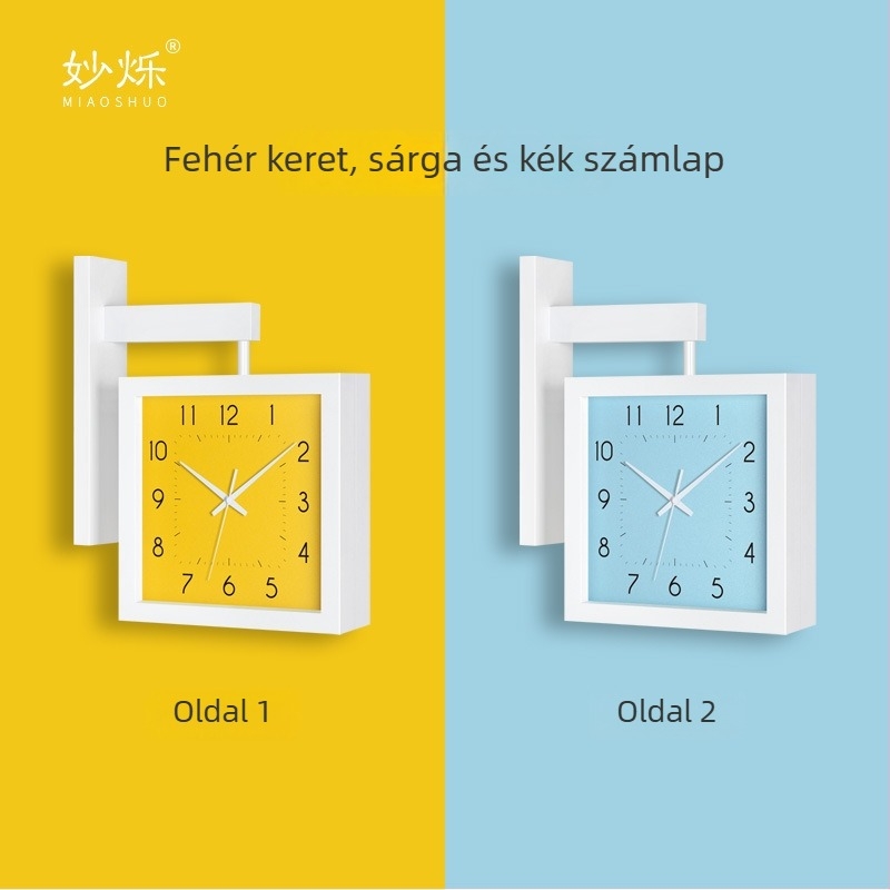 Fali óra, kétoldalas, tömörfa, minimalist dizájn, elemes működés, sima másodperc-mutató