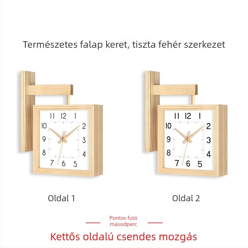 Fali óra, kétoldalas, tömörfa, minimalist dizájn, elemes működés, sima másodperc-mutató