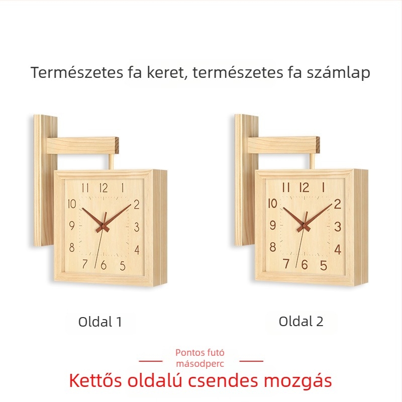 Fali óra, kétoldalas, tömörfa, minimalist dizájn, elemes működés, sima másodperc-mutató