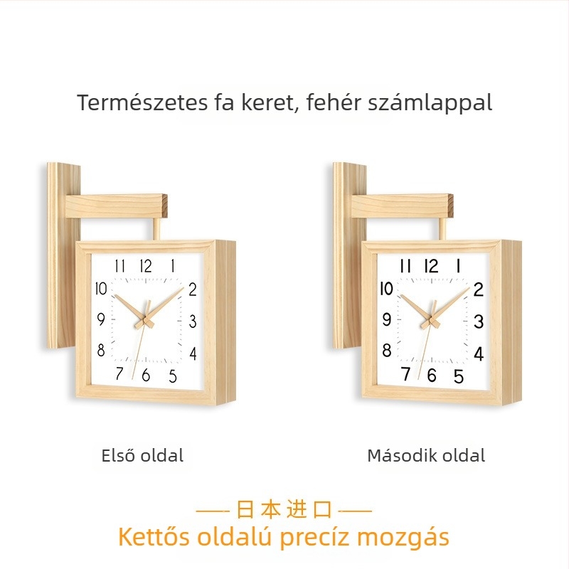 Fali óra, kétoldalas, tömörfa, minimalist dizájn, elemes működés, sima másodperc-mutató