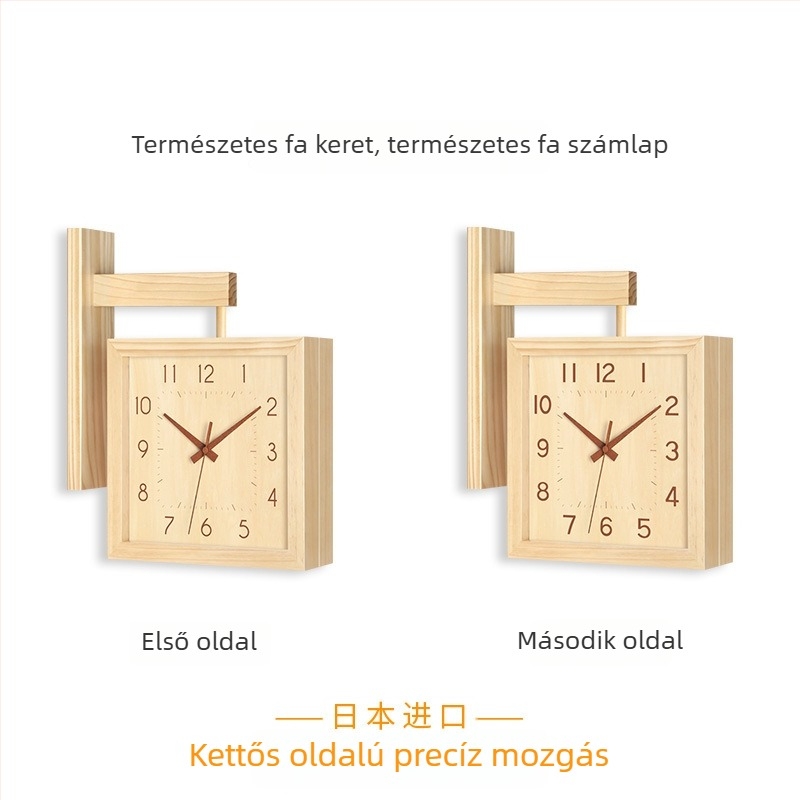 Fali óra, kétoldalas, tömörfa, minimalist dizájn, elemes működés, sima másodperc-mutató