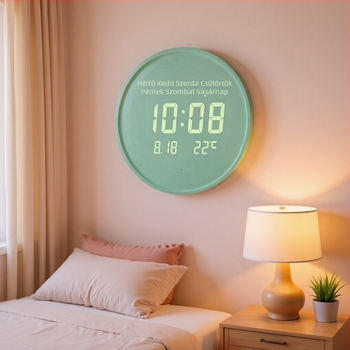 Elektronikus falióra LED kijelzővel, hőmérővel, 24 órás és naptári funkciókkal, fa kerettel, külső tápegységgel