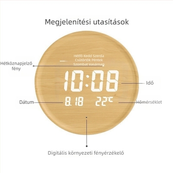 Elektronikus falióra LED kijelzővel, hőmérővel, 24 órás és naptári funkciókkal, fa kerettel, külső tápegységgel