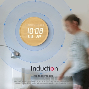 Elektronikus falióra LED kijelzővel, hőmérővel, 24 órás és naptári funkciókkal, fa kerettel, külső tápegységgel