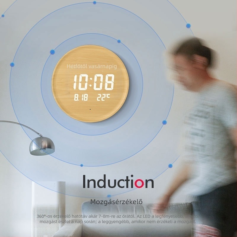 Elektronikus falióra LED kijelzővel, hőmérővel, 24 órás és naptári funkciókkal, fa kerettel, külső tápegységgel