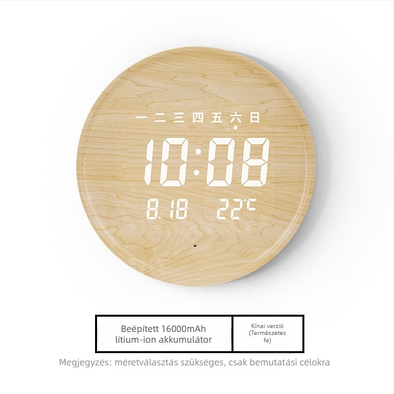 Elektronikus falióra LED kijelzővel, hőmérővel, 24 órás és naptári funkciókkal, fa kerettel, külső tápegységgel
