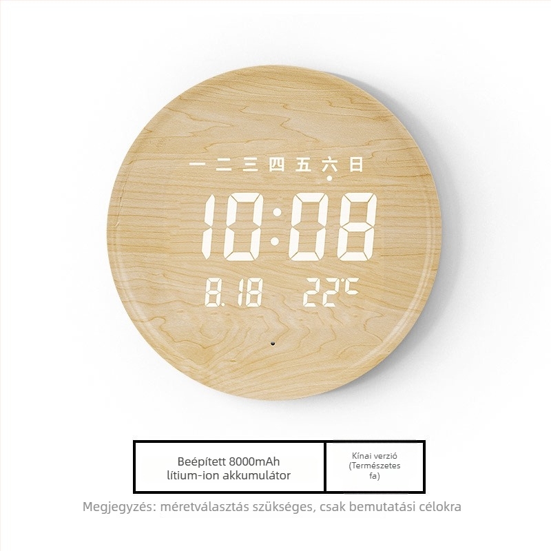 Elektronikus falióra LED kijelzővel, hőmérővel, 24 órás és naptári funkciókkal, fa kerettel, külső tápegységgel