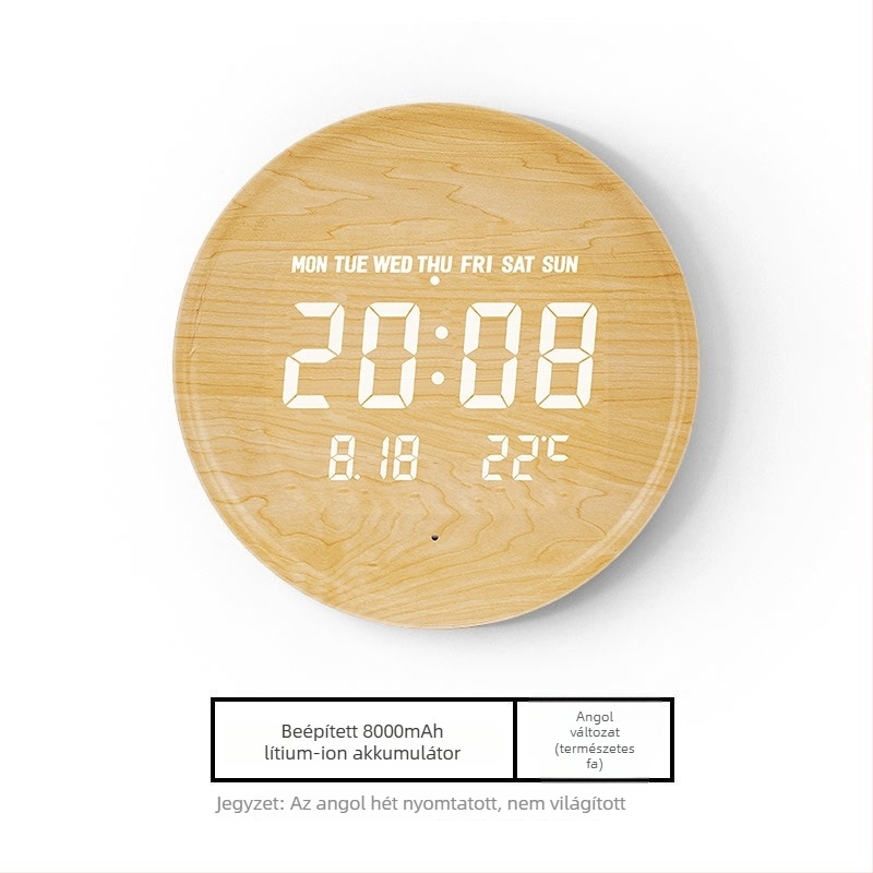 Elektronikus falióra LED kijelzővel, hőmérővel, 24 órás és naptári funkciókkal, fa kerettel, külső tápegységgel