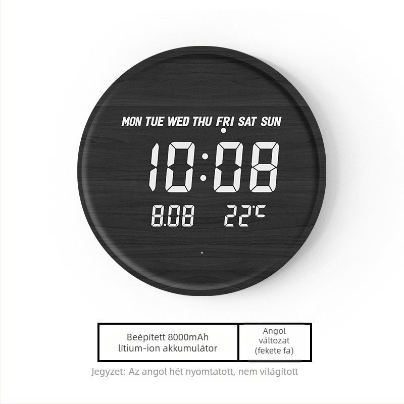 Elektronikus falióra LED kijelzővel, hőmérővel, 24 órás és naptári funkciókkal, fa kerettel, külső tápegységgel