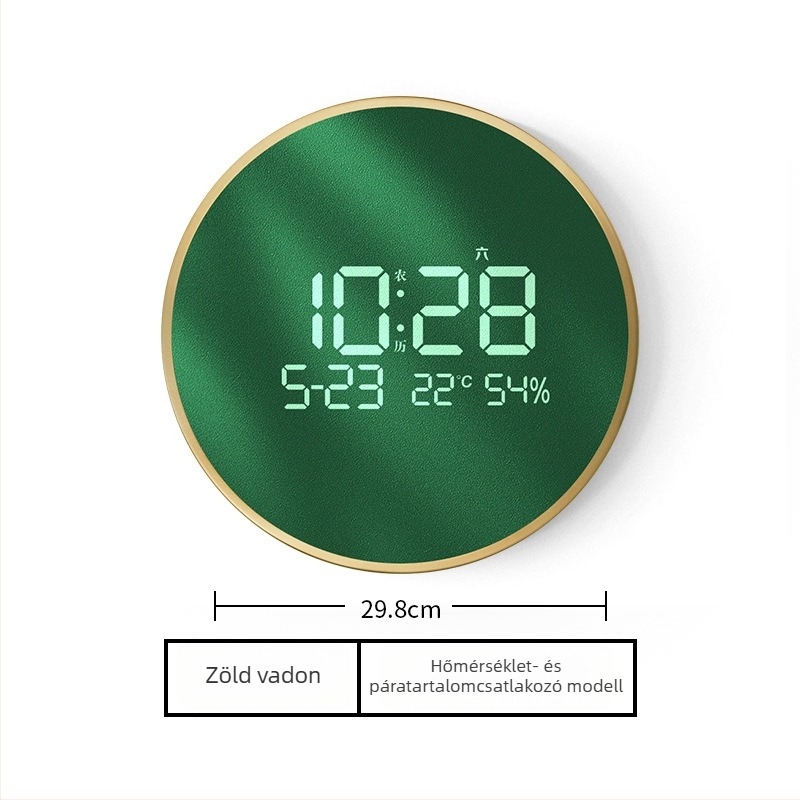 Elektronikus falióra LED kijelzővel, hőmérővel, 24 órás és naptári funkciókkal, fa kerettel, külső tápegységgel