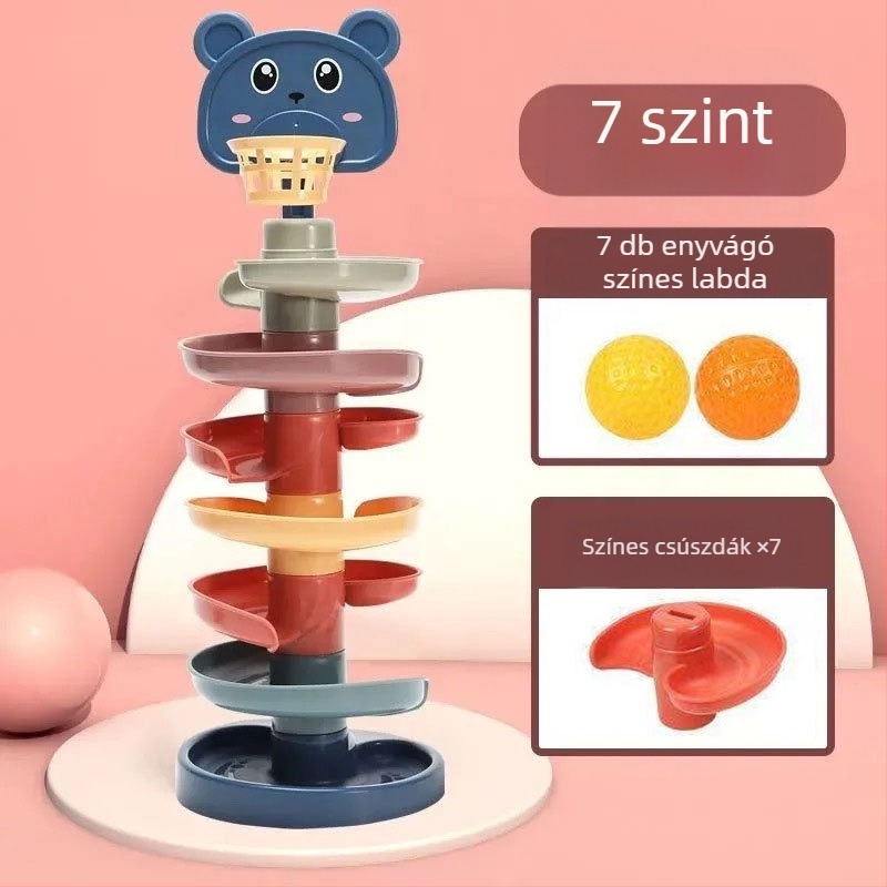 Oktató pályás golyótorony játék 3–6 éveseknek, műanyagból; fejleszti motoros készségeket, kéz-szem koordinációt és látást.