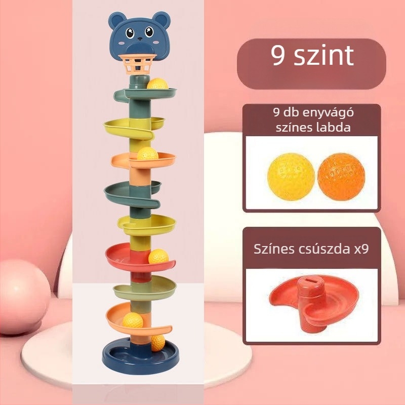 Oktató pályás golyótorony játék 3–6 éveseknek, műanyagból; fejleszti motoros készségeket, kéz-szem koordinációt és látást.