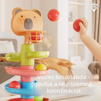 Interaktív pályás torony guruló golyókkal – műanyag játék 3-6 éveseknek, fejleszti az értelemfejlődést, kéz-szem koordinációt és a szülő–gyermek interakciót