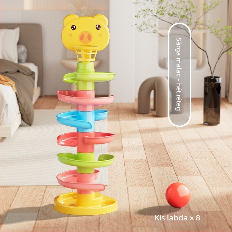Interaktív pályás torony guruló golyókkal – műanyag játék 3-6 éveseknek, fejleszti az értelemfejlődést, kéz-szem koordinációt és a szülő–gyermek interakciót