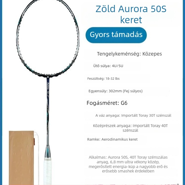 Kawasaki Aurora 50s tollasütő, teljes karbonkeret, tömeg 85-89 g, G5 markolatméret, közvetlen ütés, nylon húrok