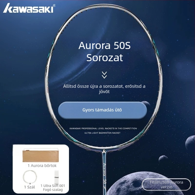 Kawasaki Aurora 50s tollasütő, teljes karbonkeret, tömeg 85-89 g, G5 markolatméret, közvetlen ütés, nylon húrok