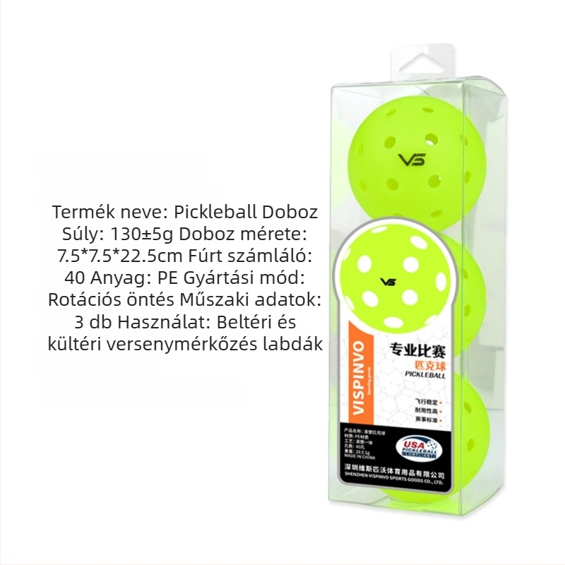 Vispinvo pickleball labda – 40 lyuk, PE anyag, tömeg 26 g