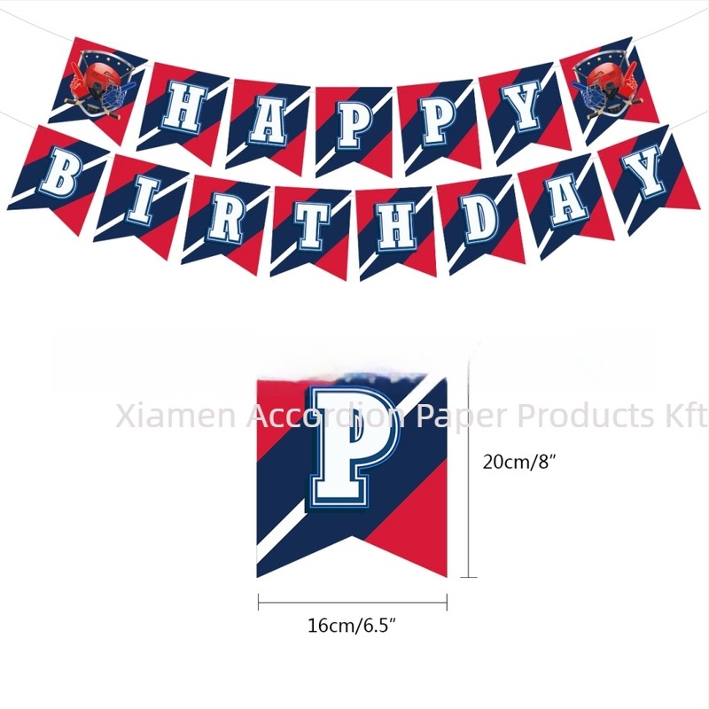 Jégkorong témájú gyermekeknek szóló születésnapi készlet — tortadíszek hokii motívummal, zászlófüzér, lufik, ajtójelző és lógó kártyák; geometriai dizájn, modern és minimalistikus stílusú; anyag: bevonatos papír.