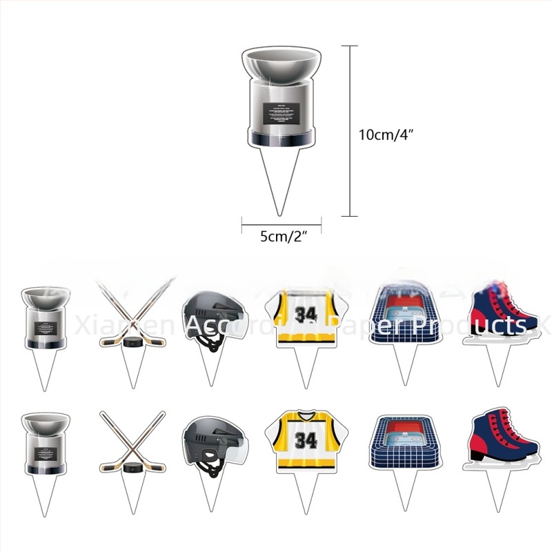 Jégkorong témájú gyermekeknek szóló születésnapi készlet — tortadíszek hokii motívummal, zászlófüzér, lufik, ajtójelző és lógó kártyák; geometriai dizájn, modern és minimalistikus stílusú; anyag: bevonatos papír.