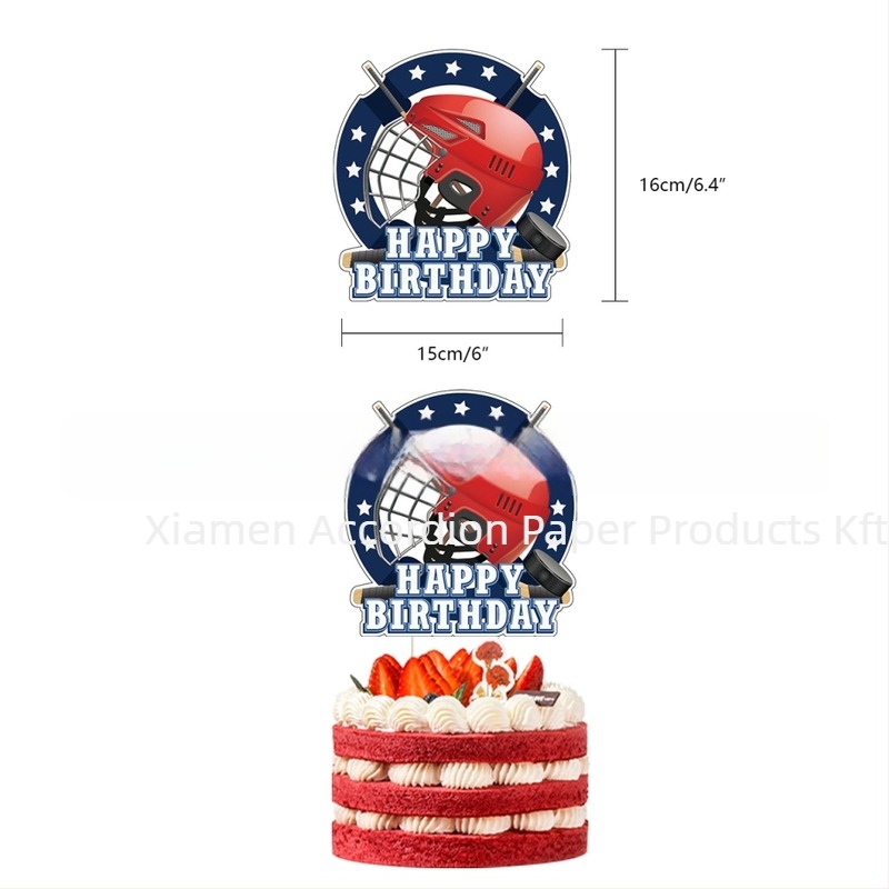 Jégkorong témájú gyermekeknek szóló születésnapi készlet — tortadíszek hokii motívummal, zászlófüzér, lufik, ajtójelző és lógó kártyák; geometriai dizájn, modern és minimalistikus stílusú; anyag: bevonatos papír.