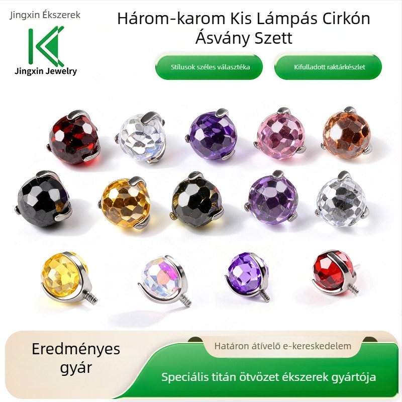 Titánium nyelvpiercing cirkónos geometriai diszkó golyóval — uniszex fül- és testpiercing ékszer, titánötvözet, cirkón kristályok, geometriai forma