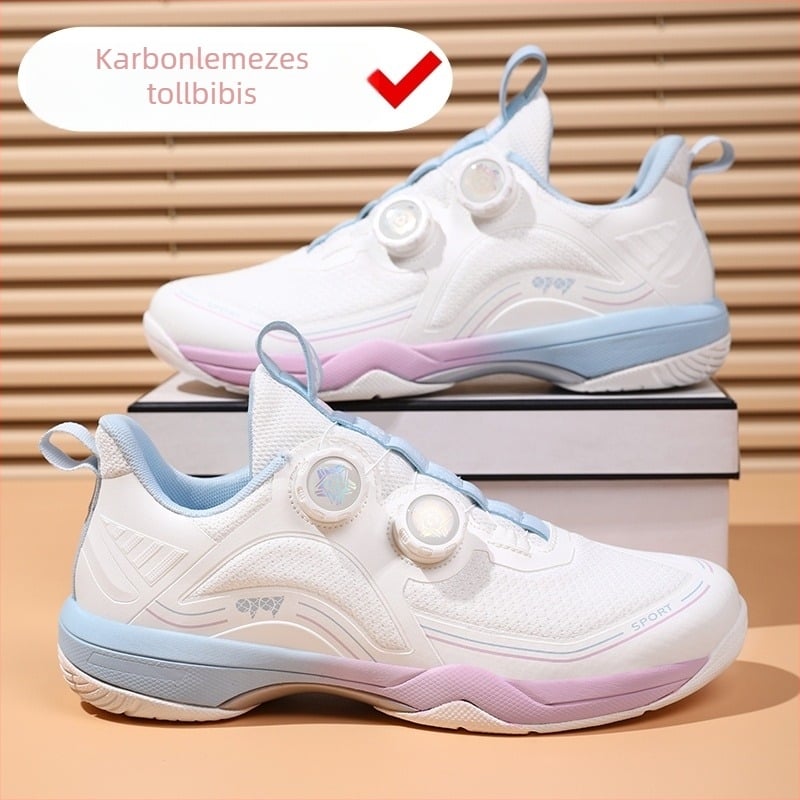 Szénlemezes badmintoncipő, felső rész hálószövettel, csúszásmentes talp, Velcro-zárás, EVA középtalp – badmintonhoz és pingponghoz