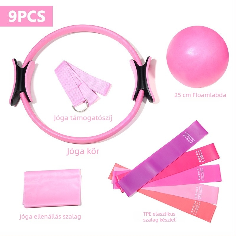 Pilates kör készlet, öt darabból: jóga labda, nyújtóöv és ellenállás szalagok