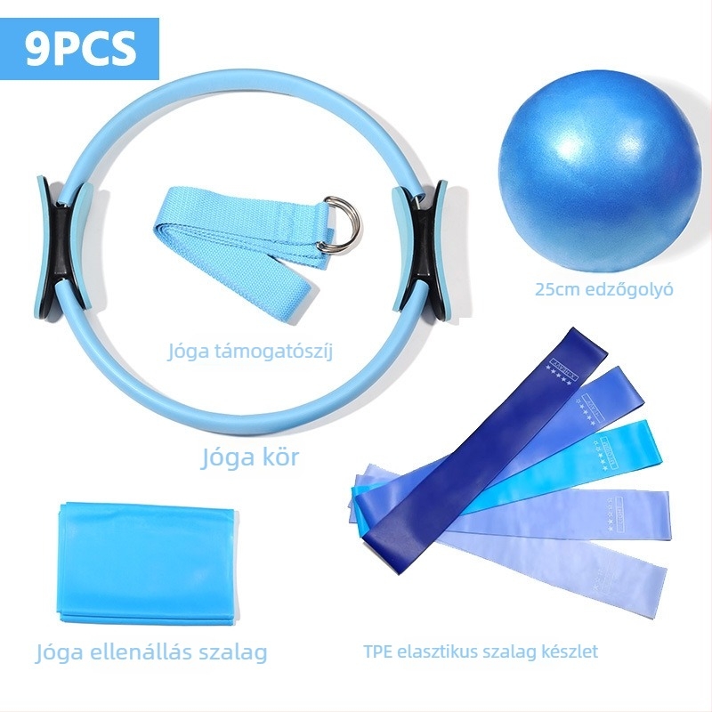 Pilates kör készlet, öt darabból: jóga labda, nyújtóöv és ellenállás szalagok