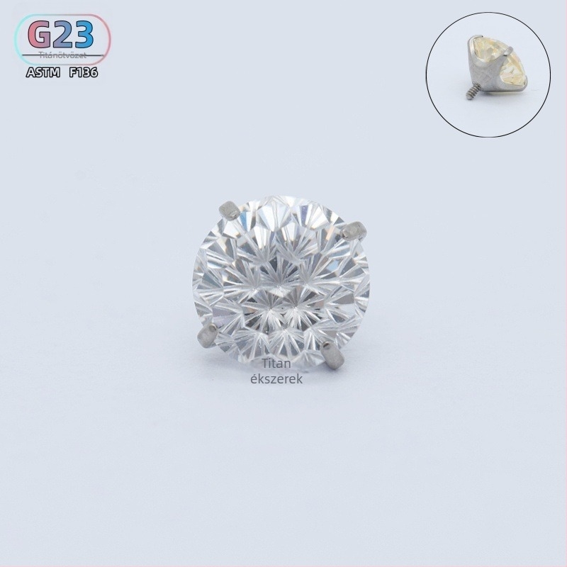 Titánium ötvözetű fülcsapok cirkón kristályokkal, kerek forma, belsőmenetes kialakítás