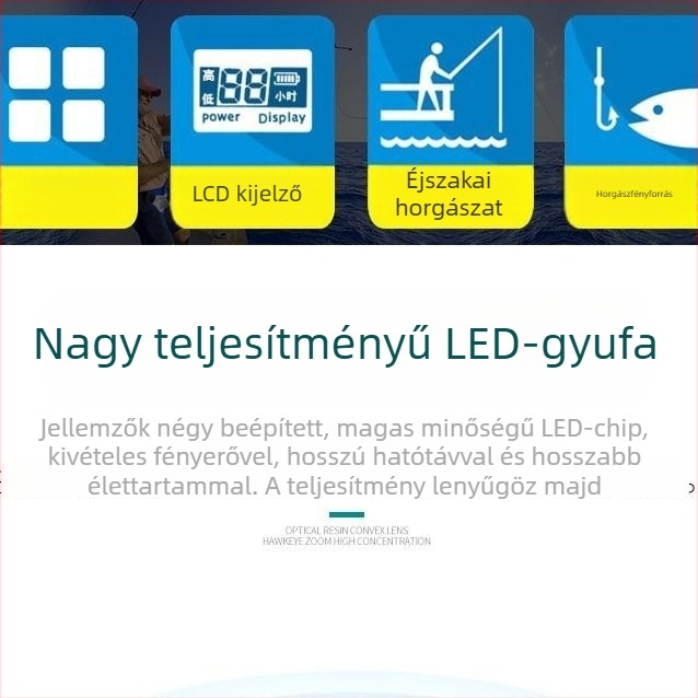 Éjszakai horgászlámpa négy fényforrással, zoom funkcióval, nagy teljesítményű lézer-toronával, akkumulátoros