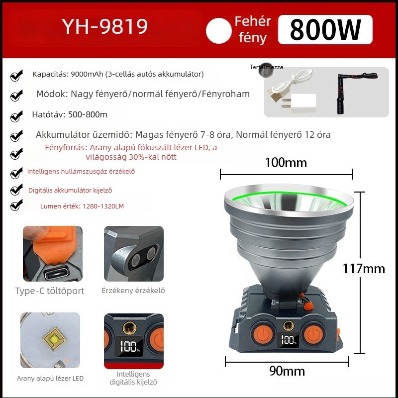 Fejlámpa, ABS ház, 300–500W, 9000mAh akkumulátor, hatótávolság 200–500m, tölthető