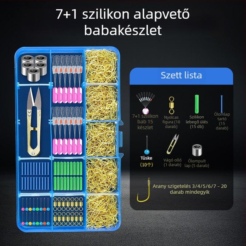 Horgász kellékek készlet: horgok, damil, spacer gyöngyök, ólomsúlyok és nyolcas gyűrűk — egy dobozban