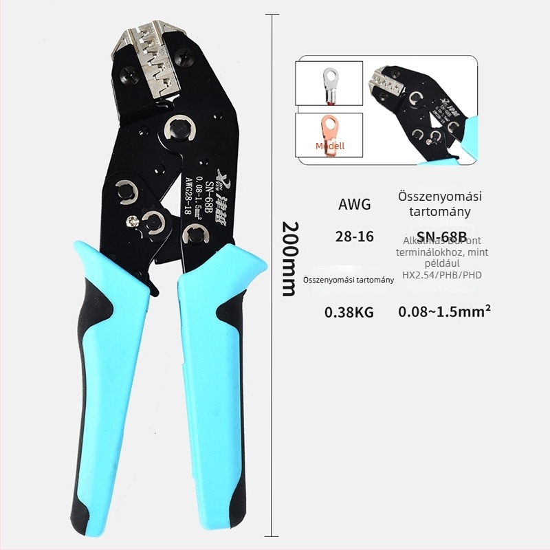 SN-58B krimpelő fogó ratchettel autóhálózati terminálokhoz, hideg préselés, súly 0.4