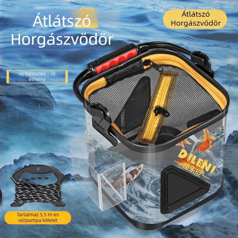 Dilone kristálytiszta vízvödör, egymásra tehető átlátszó halas vödör, többfunkciós horgászvödör fogantyúval, élőhalas vödör