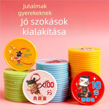 Műanyag jutalomérmék gyerekeknek – rajzfilmszerű családi téma, tokenek osztályos cseréhez, melamin