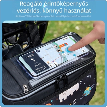 PVC anyagú kerékpár elülső tárolótáska bélelt belsővel, telefontartó zsebbel