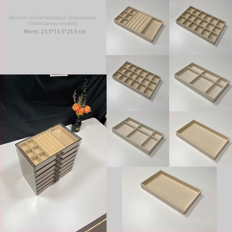 7-szintű ékszerdoboz, nagy kapacitású a fülbevalók és nyakláncok számára, asztali tárolás, por- és nedvességálló, műanyag, egyszerű, modern kialakítás