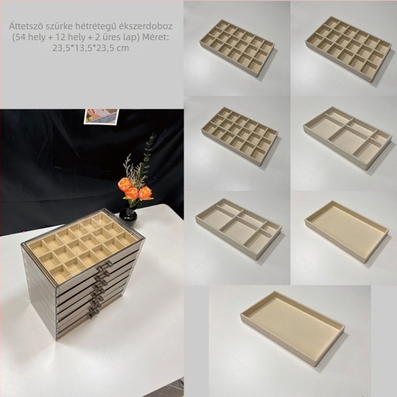 7-szintű ékszerdoboz, nagy kapacitású a fülbevalók és nyakláncok számára, asztali tárolás, por- és nedvességálló, műanyag, egyszerű, modern kialakítás