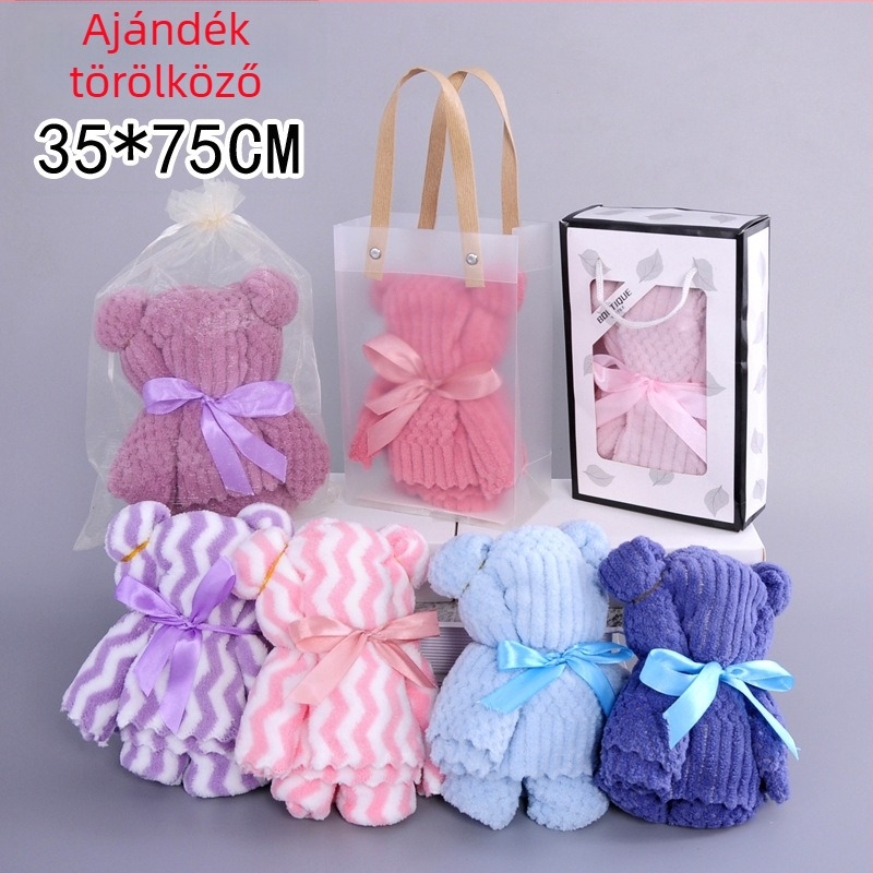 Medve alakú törölköző ajándékdoboza, törölközők coral fleece, egyedi logó
