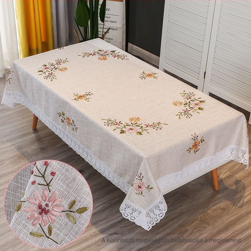 Kézzel hímzett téglalap alakú asztalterítő otthoni használatra, modern minimalist stílusban, fehér virágos mintával