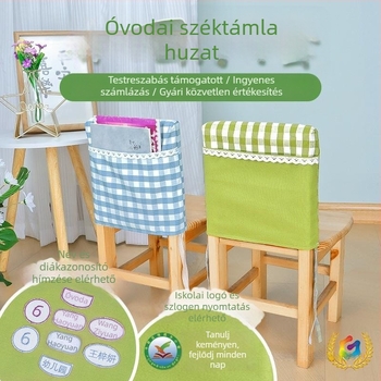 Minimalista vastag kockás szövetből készült kis székhuzat és óvodai székhátlap huzat gyermekkönyv tároló táskával